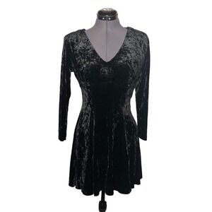 Vintage 90s Dress Black Mini Crushed Velour Long Sleeve Witchy Grunge Goth S